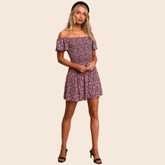 Lulu's Such a Darling Pink Floral Print Smocked Off-the-Shoulder Dress Size M - Picture 1 of 14